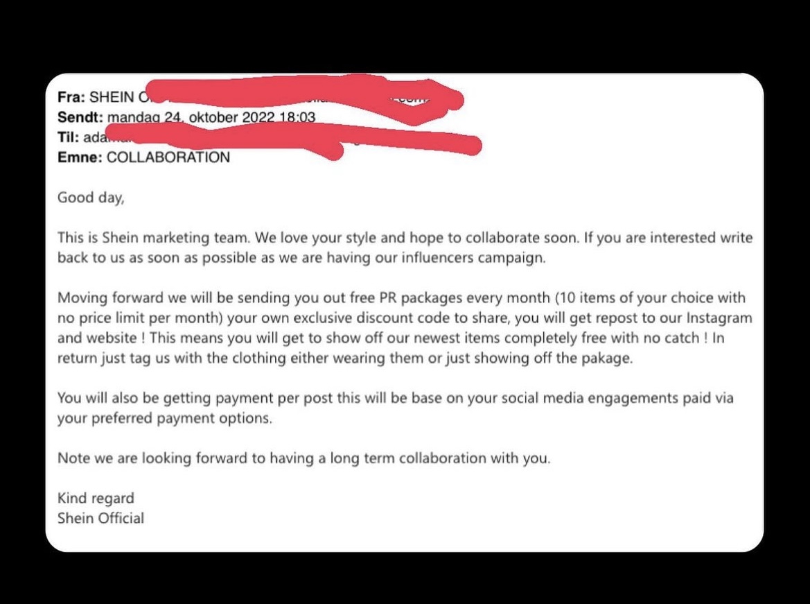 Se hvordan Shein jobber for å få norske influensere til å reklamere for